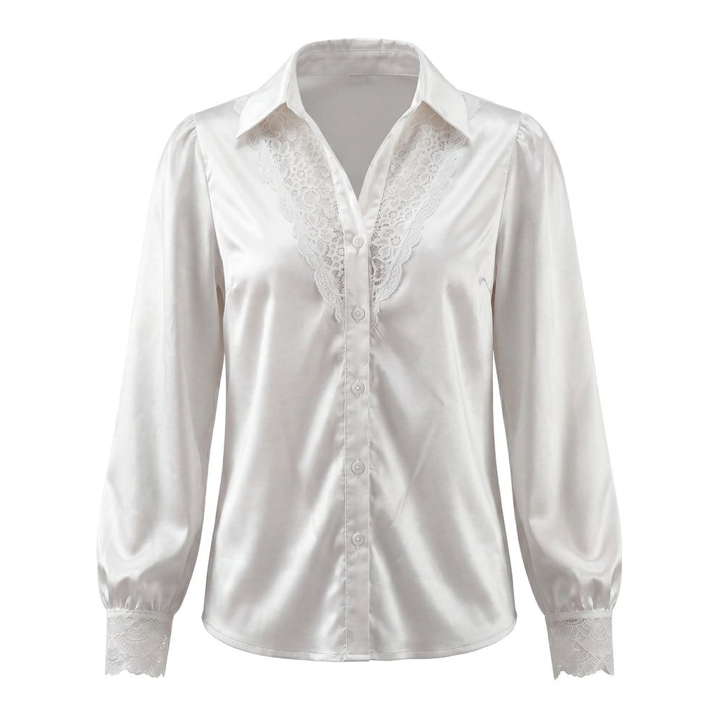 Gadinus Plus Size Women’s Satin Lace Trim Button-Up Blouse Elegant Long Sleeve Puff Cuff Shirt Regular Fit Office Chic Top