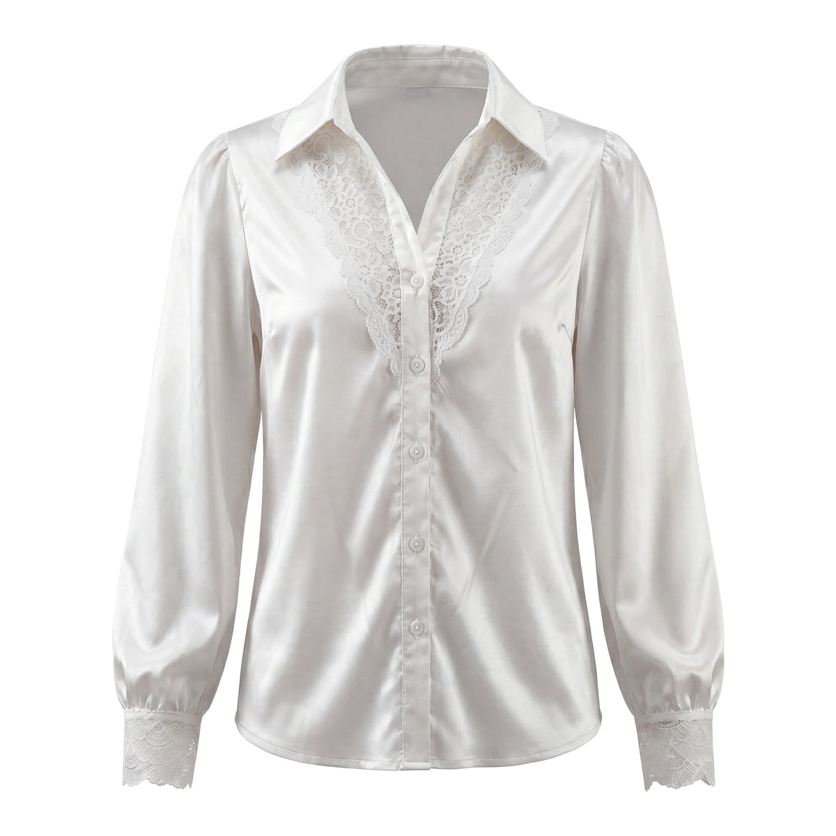 Gadinus Plus Size Women’s Satin Lace Trim Button-Up Blouse Elegant Long Sleeve Puff Cuff Shirt Regular Fit Office Chic Top