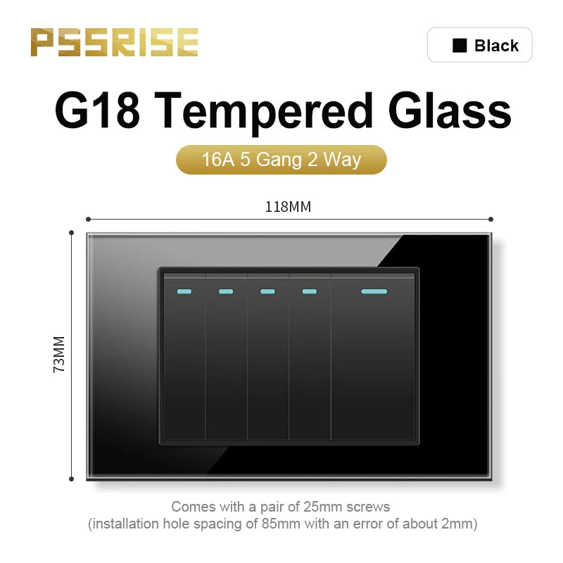 PSSRISE AU EU Brazil Italy US Standard 1/2/3/4/5/6 Gang 2 Way Wall light switch Tempered glass Panel Switch 118*74mm AC110-250V