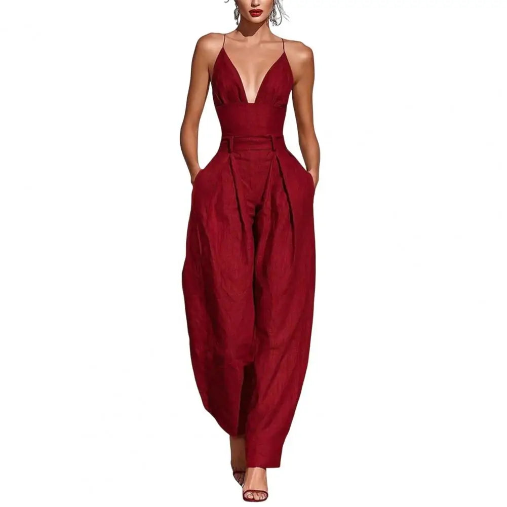 Elegant Sexy V-Neck Spaghetti Strap Jumpsuit Women High Waist Wide Leg Casual Romper Spring Boho Solid Backless Pockets Overalls
