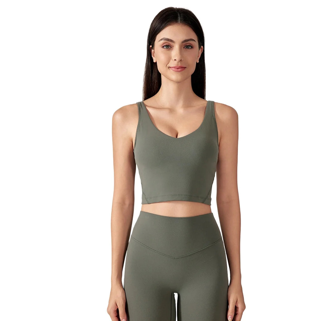 SHINBENE Women's V-neck Slimming Fitness Long-sleeve Padded Short-sleeve Sports Bra Yoga Bra Classic Athletic Tank Top