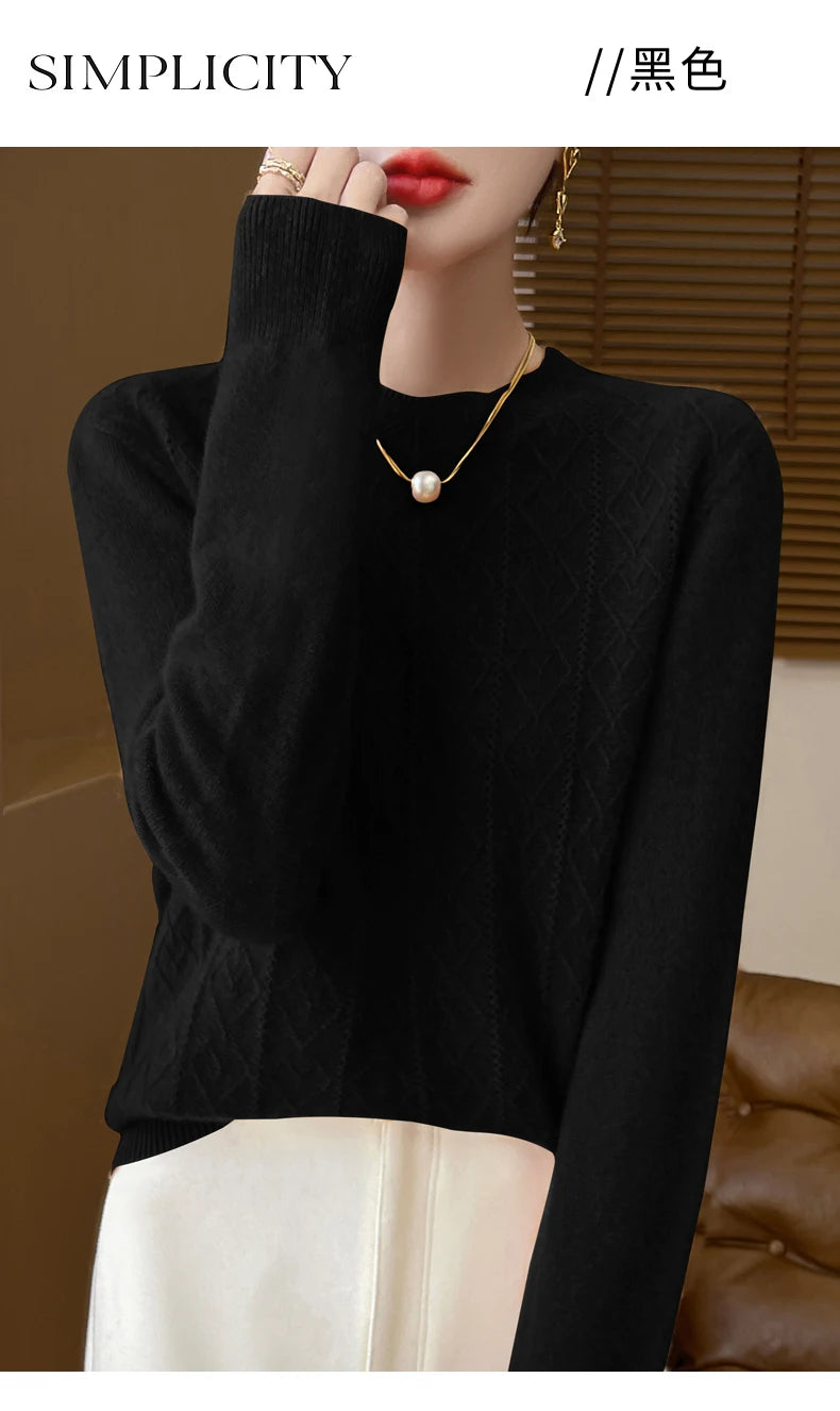 Fall/Winter 2024 New Women's Sweater 100% Pure Wool Lotus Collar Solid Color Loose Knitted Cashmere Pullover