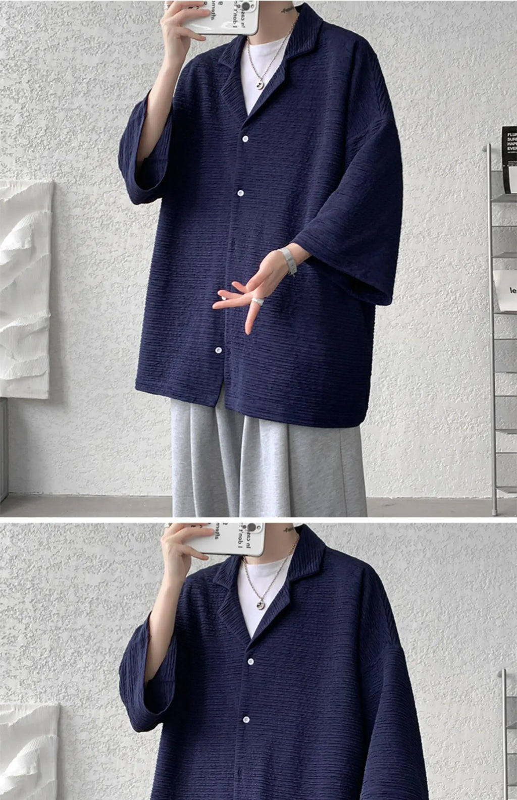 LEGIBLE Spring Summer Solid Shirts Men Casual Oversized Three Quarter Shirts Male Loose Fit Shirt for Man