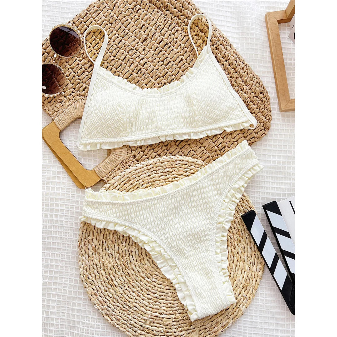 Frilled Ruffled Wrinkled Mid Waist Bikini Women Swimwear Female Swimsuit Two-Pieces Bikini Set Bather Bathing Suit Swim V5844