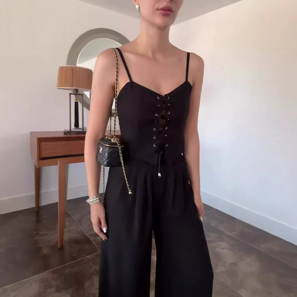 Summer Leisure High Street Outfit Office Lady Solid Color Slim Two Piece Set Chic Sleeveless Bandage Tank Tops&Pocket Pants Suit