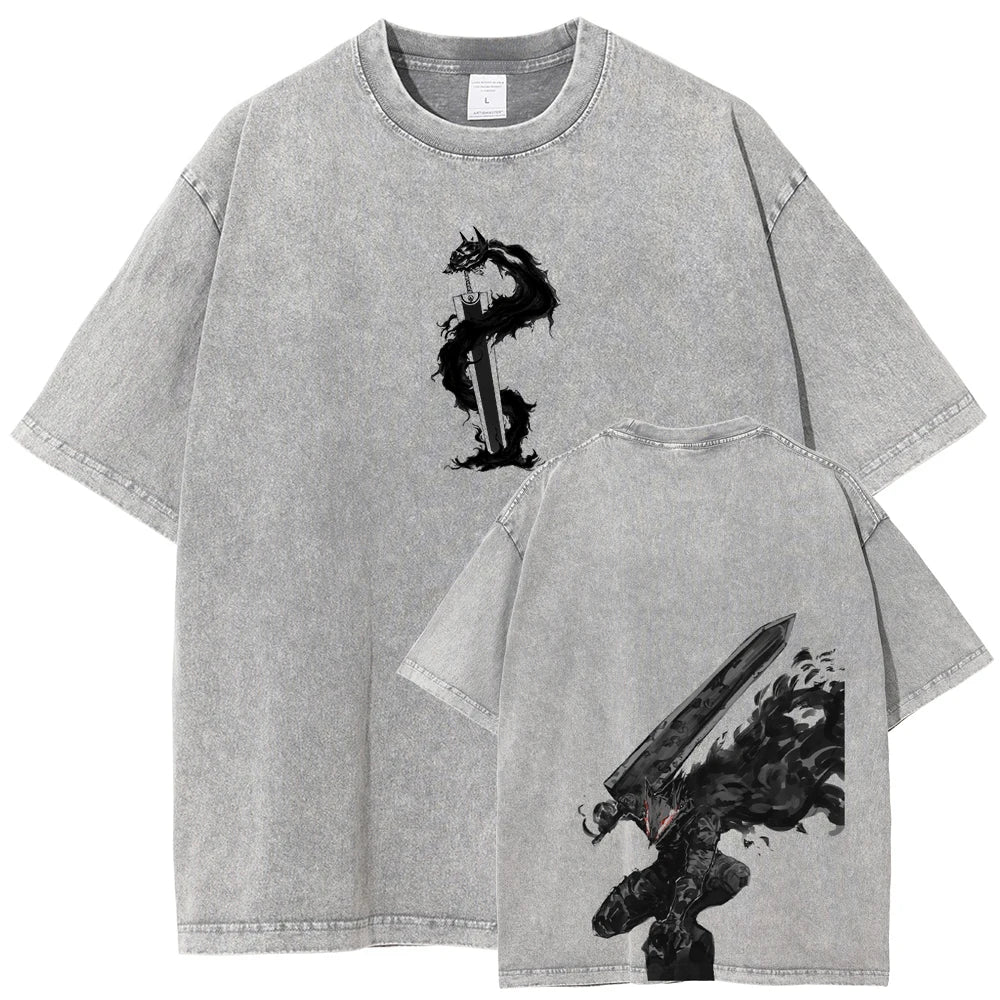 Berserk Guts T Shirt Manga Griffith Printed  T-shirt Men Unisex Clothes Street Vintage Washed Tshirt Short Sleeve Cotton Tees