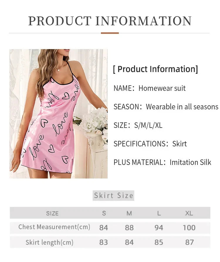 Heart Letter Print Nightdress Casual Round Neck Spaghetti Strap Sleep Dress Women's Sleepwear Dresses