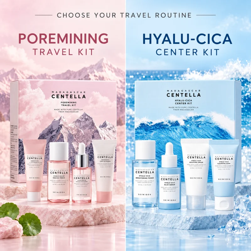 Centella Poremizing & Hyalu-Cica Travel Kit,Toner,Foam,Ampoule Serum,Light Gel Moisture Cream,Night Sleeping Pack 4pcs Gift Sets