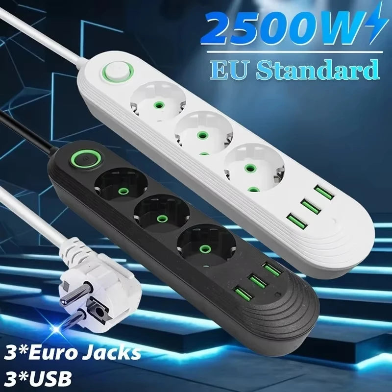 EU Plug AC Outlet 2500W Multiports Power Strip AC Outlet with 3USB Port 2m Extension Cable Round Pin Electrical Charger Adapter