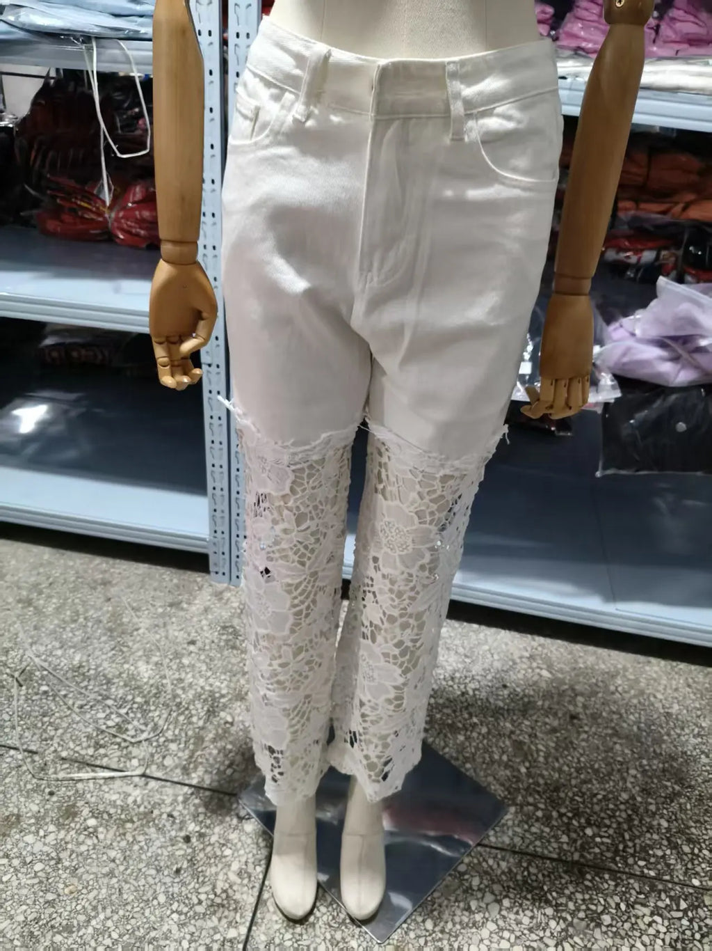 Fashion Elegant Jeans for Women High Waist Lace Patchwork Pantalones Hollow Out Oversized Spring Casual Loose All Match Pants