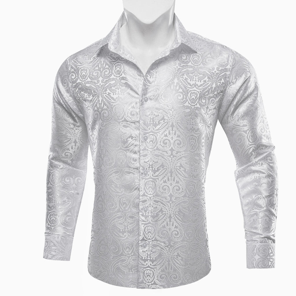 Barry.Wang Luxury Silk Mens Shirts Jacquard Floral Long Sleeve Formal Casual Breathable Male Blouses Wedding Business Prom Gift