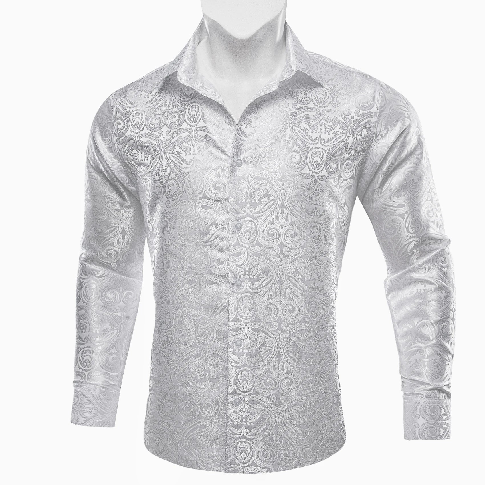 Barry.Wang Luxury Silk Mens Shirts Jacquard Floral Long Sleeve Formal Casual Breathable Male Blouses Wedding Business Prom Gift