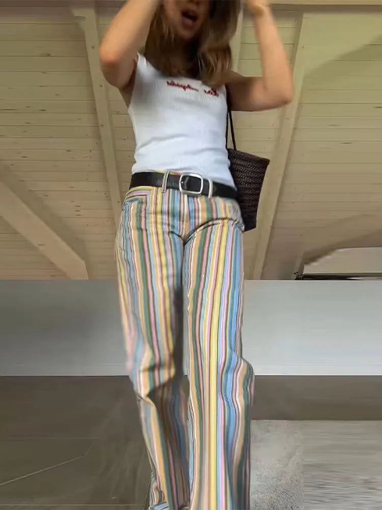 Multicolor Striped High Waisted Pants Straight Leg Retro Full Length Colorful Trousers 2026 Spring Casual Fashion Daily Wear