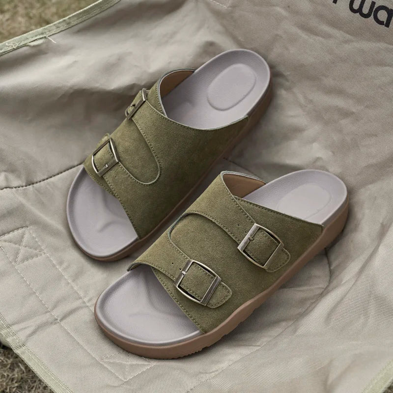 Suede Leather Mens Slippers Casual Sandals Breathable Slides Lightweight Summer Beach Flats Outdoor Walking Shoes Zapatos Hombre