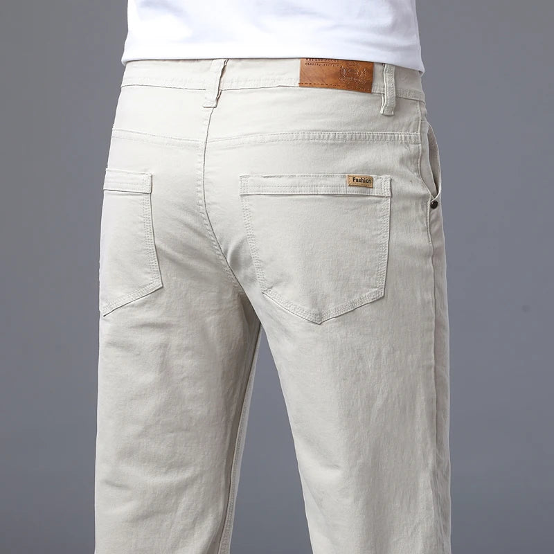 Classic Straight Men's Jeans Spring New Fashion Business Work Casual Trousers Comfort Elastic Solid Color Denim Pants