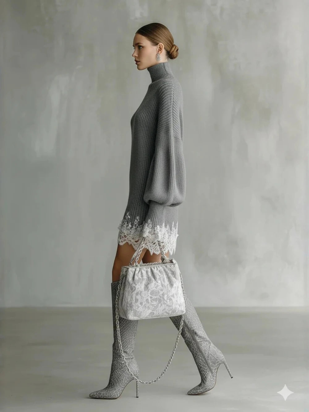 Fall Winter Women Oversized Turtleneck Knit Sweater Dress Lantern Long Sleeve Lace Trim Irregular Hem Loose Pullover Mini Dress