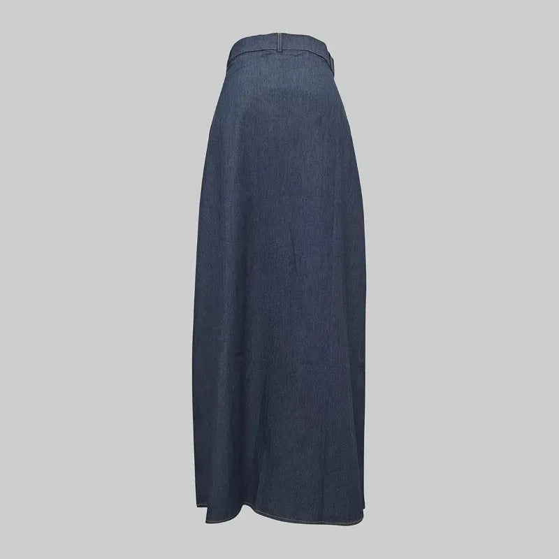 Fashion Imitation Denim H-Line High Waist Skirts Spring Summer Loose Solid Color Pockets Maxi Skirt For Women