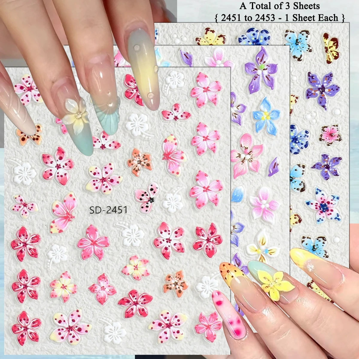 3 to 120 Sheets Tropical Flower Nail Stickers Hibiscus Butterfly Starfish Nail Decals 5D Embossed Self Adhesive Summer Nail Art