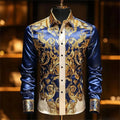 Luxury 3D Printed Long-Sleeve Men's Shirt, Baroque Gold Pattern Slim Fit Dress Shirt, Business Banquet Men's Shirt, Sizes XS-6XL