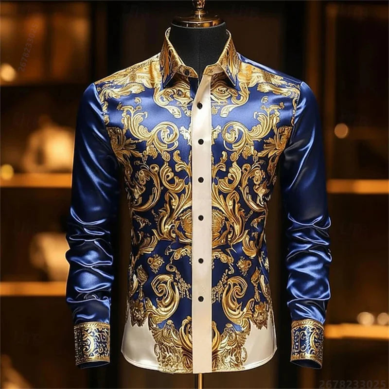 Luxury 3D Printed Long-Sleeve Men's Shirt, Baroque Gold Pattern Slim Fit Dress Shirt, Business Banquet Men's Shirt, Sizes XS-6XL