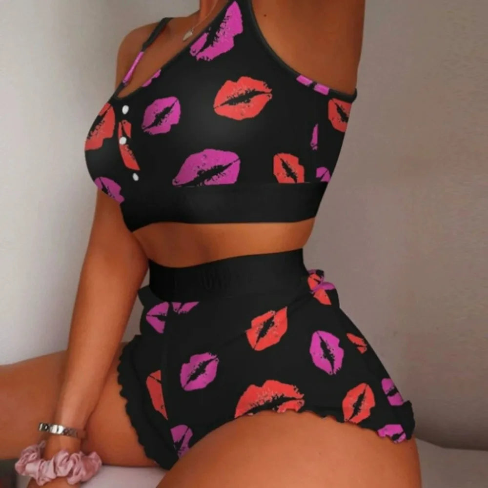 Creative Multiple Print Women Pajama Set Suspender Style Comfortable Pajama Shorts Set Sleeveless Breathable Lingerie Set