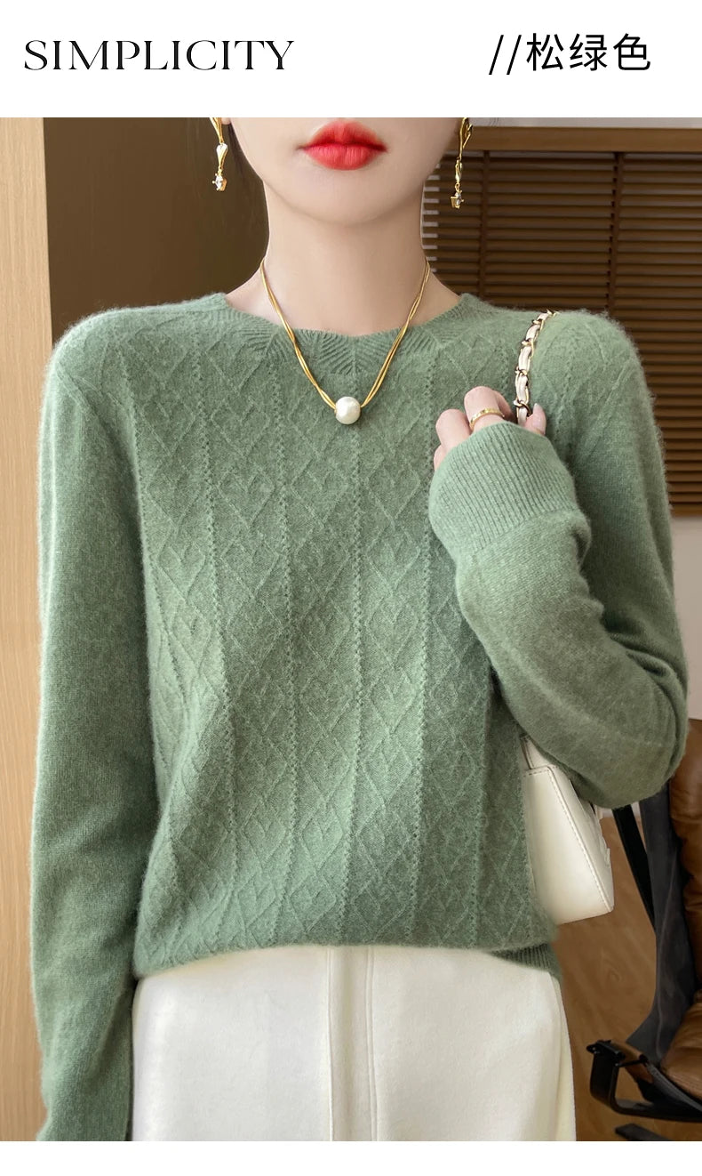 Fall/Winter 2024 New Women's Sweater 100% Pure Wool Lotus Collar Solid Color Loose Knitted Cashmere Pullover