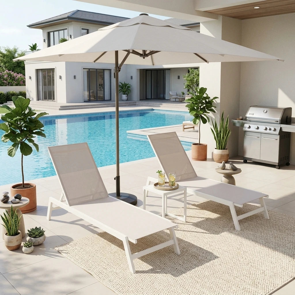 3PCS Aluminum Teslin Sun Lounger Set With Side Table Adjustable Backrest Outdoor Chaise Lounge Pool Garden Beach Hotel Sunbed