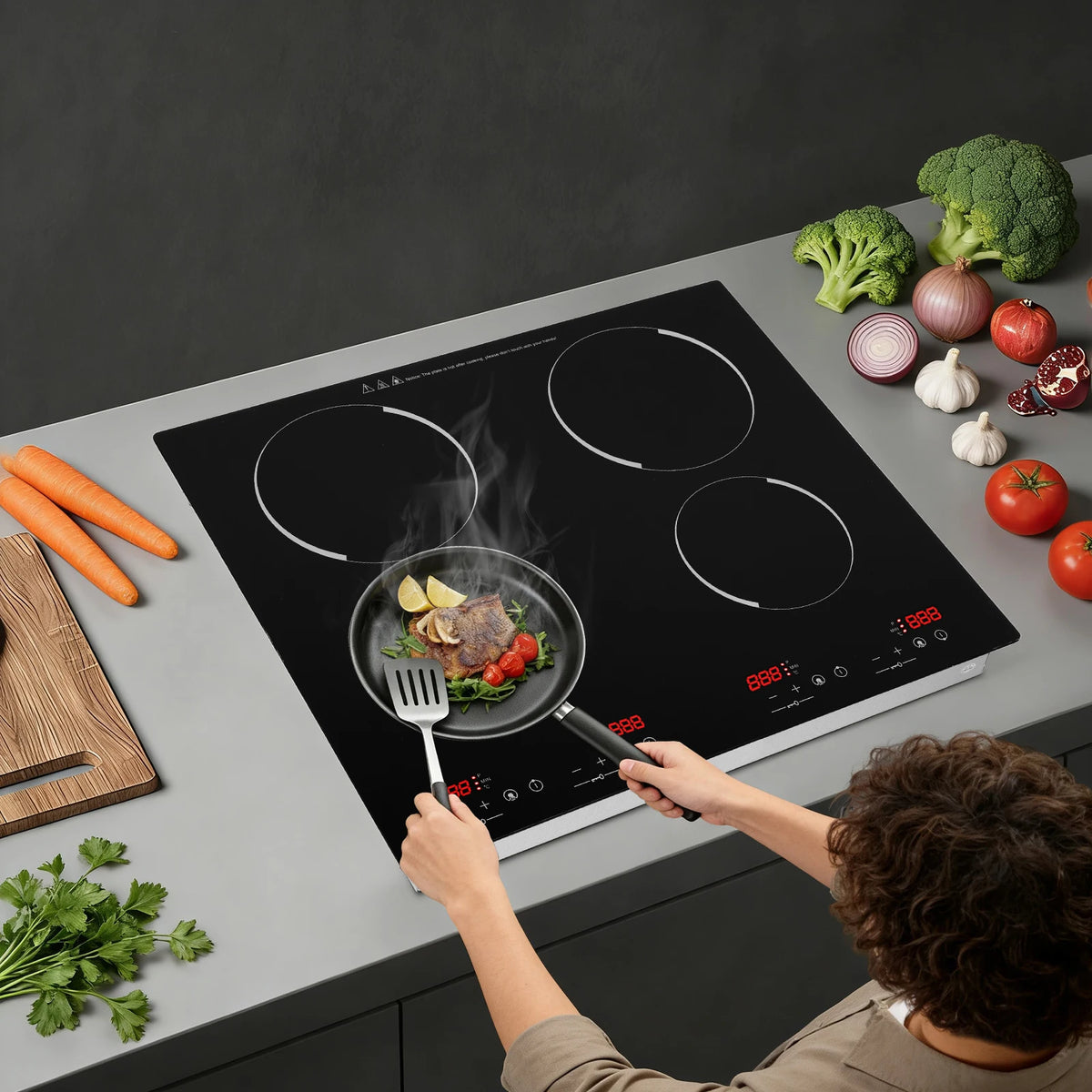 3000W Electric Ceramic Cooktop 4 Burners 110V, Infrared Radiant Stove with 9 Power Levels, Built-in Countertop Kitchen Cooker