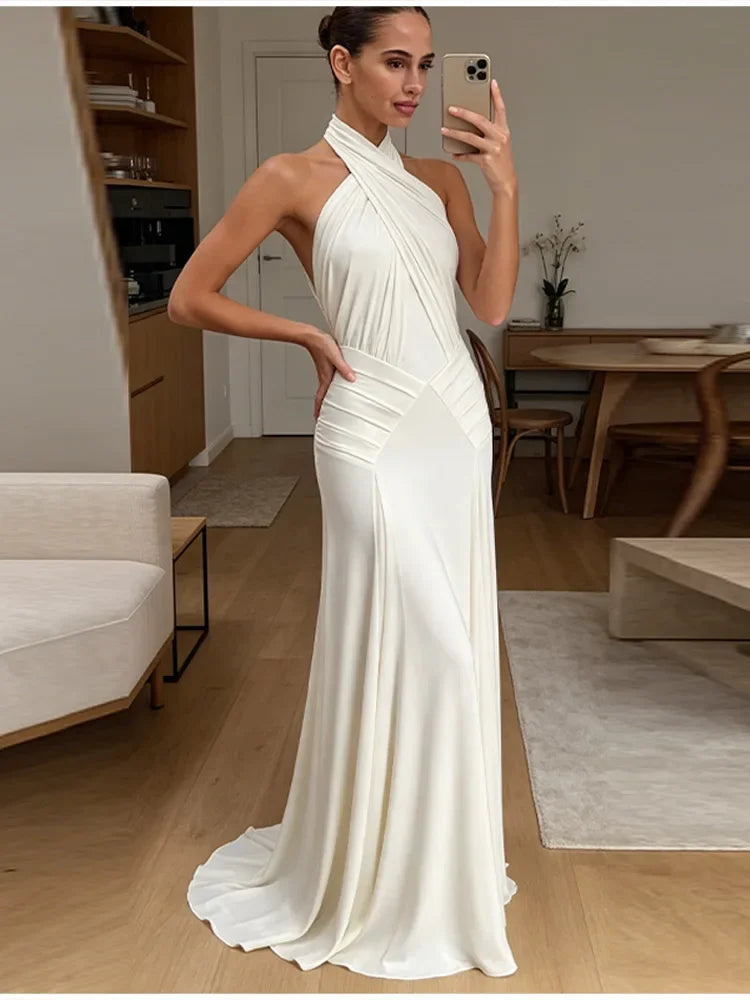 Elegant White Halter Neck Maxi Dress For Women Chic Backless Pleated Bodycon Long Vestidos 2026 Wedding Guest Evening Gown