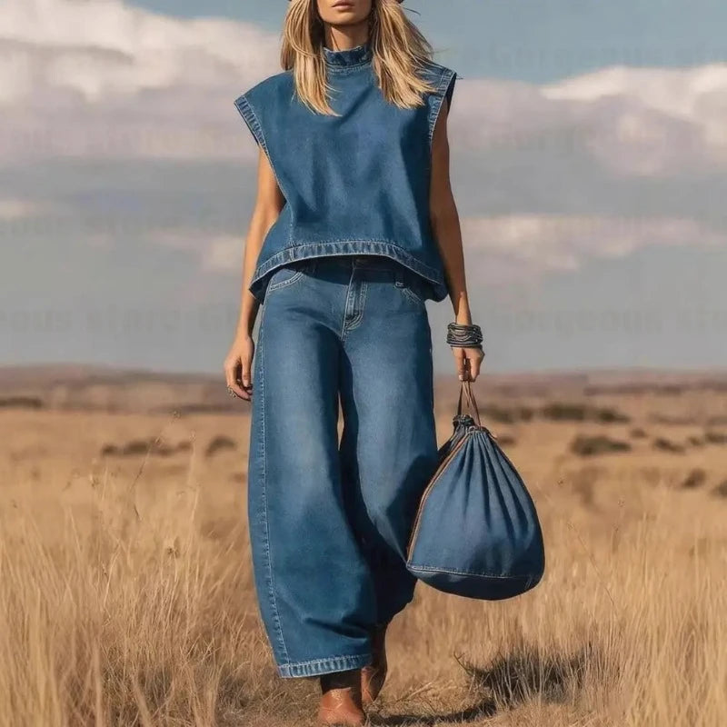 Wide-leg Denim Vest Pants Set 2026 Women Summer Outfit Sleeveless Top Trousers Set Casual Women Outfit Party Wear Two-piece Set
