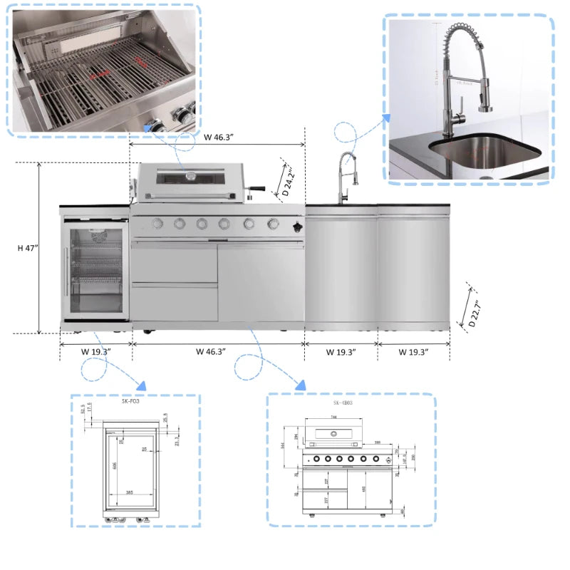 Custom Modular Outdoor BBQ Backyard Kitchen 304 Stainless Steel Outdoor Kitchen Can Assemble Freely Sink Refrigerator