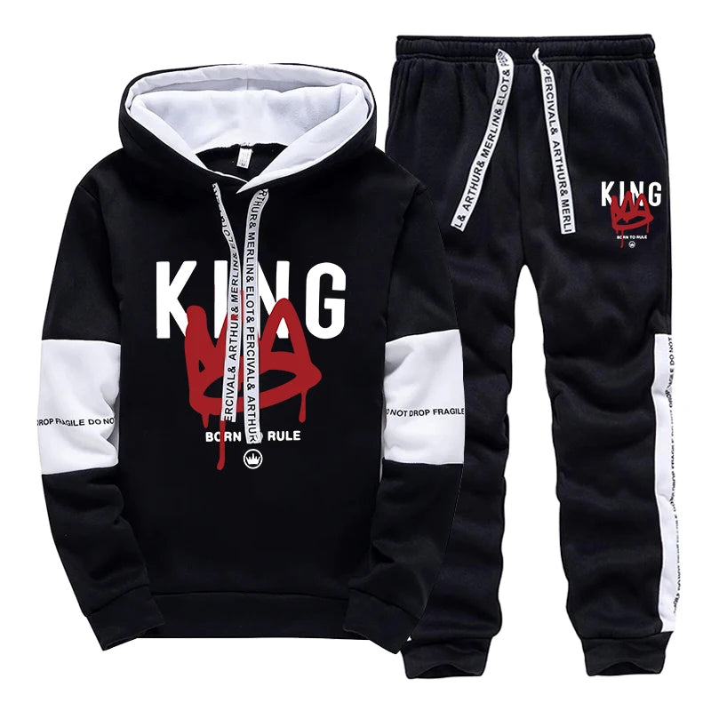 King Print Mens Tracksuit Casual Sweatshirts Outdoors Sports Jogging Mens Clothing Daily Street Sportswear Single Piece Hoodies