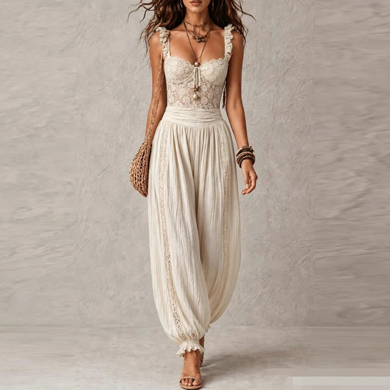 Sexy V-neck Lace Trim Spaghetti Strap Jumpsuits Women Elegant Ruffle Waist Solid Playsuit Overalls Casual Sleeveless Long Romper