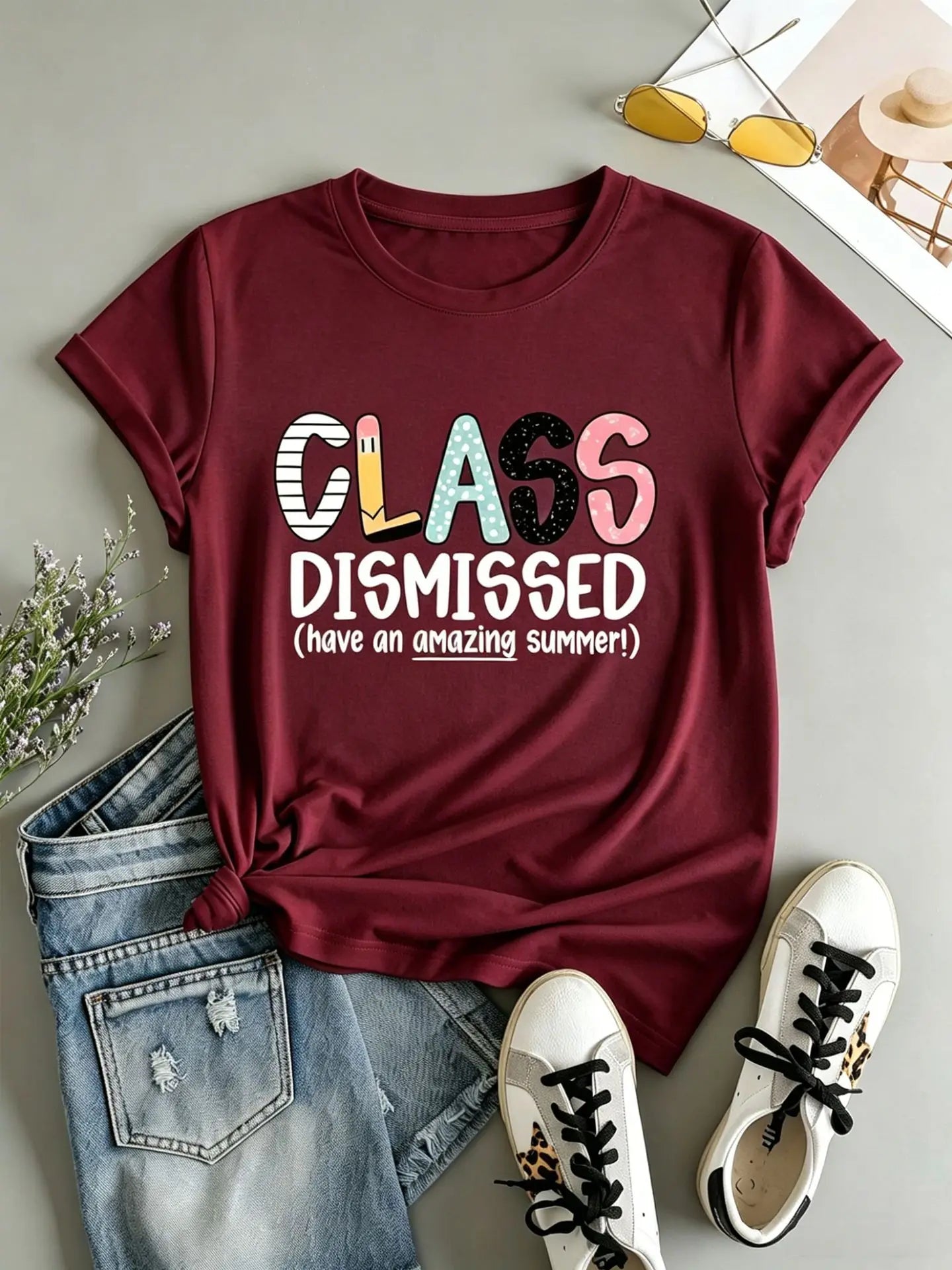 American Style Short Sleeve T-Shirt Women's Letter Print Slimming Fashionable Cross-Border Shoulder Length round Neck Top