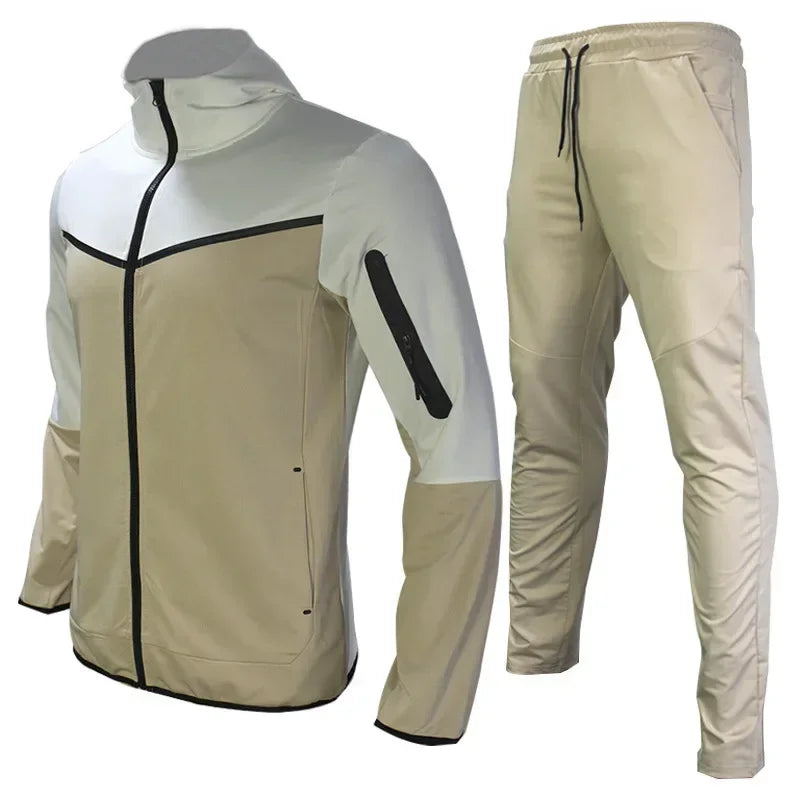 Autumn Men's Hooded Running Sets Patchwork Casual Tracksuits Zipper Jacket+Pants 2Pcs Sets Male Slim Gym Sportswear Jogging Suit