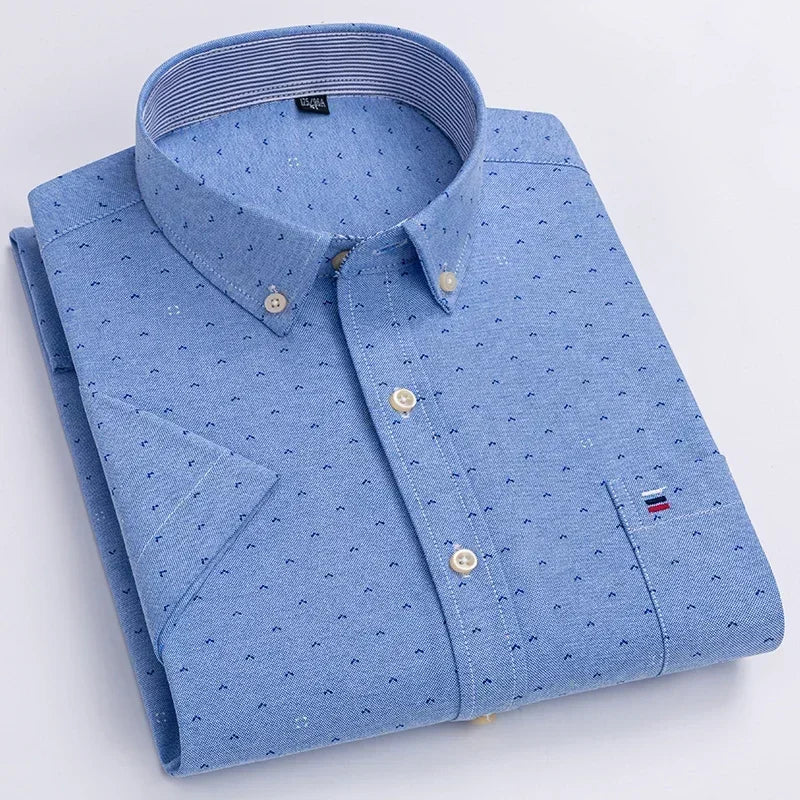 2025 100% Pure Cotton Men's Oxford Short Sleeve Square Collar Soild Plaid Striped Summer Casual Shirts Single Pocket  Shirt