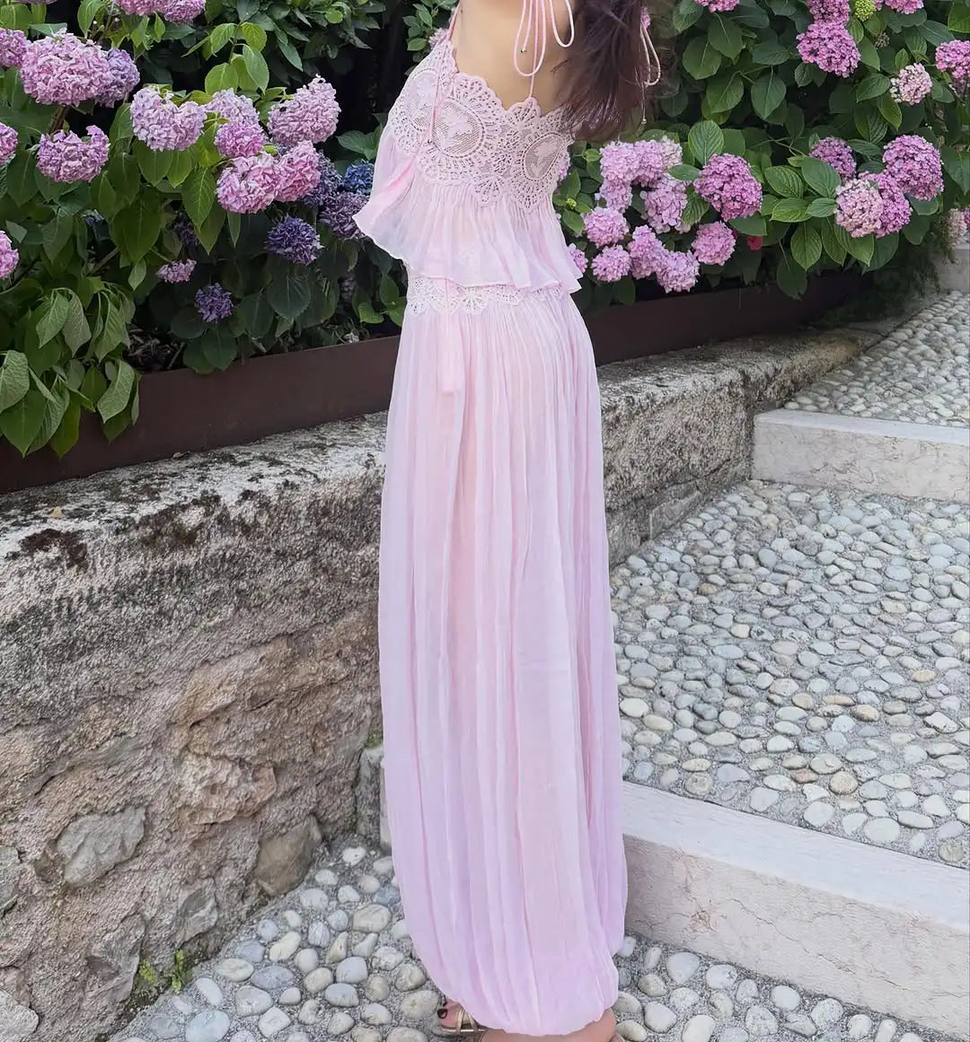 Lace Women Two Piece Set Camisole Tank Top See Through Wide Leg Jogger Pants Stylish Two Piece Outfit Lace Trim Detail  Fashion