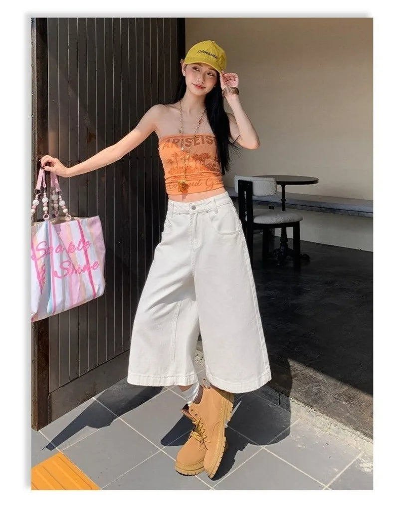 Retro High Waist Wide-leg Jeans Women Summer New Fashion Loose Straight Calf-Length Denim Pants Female Orange Whiter Cowboy Pant