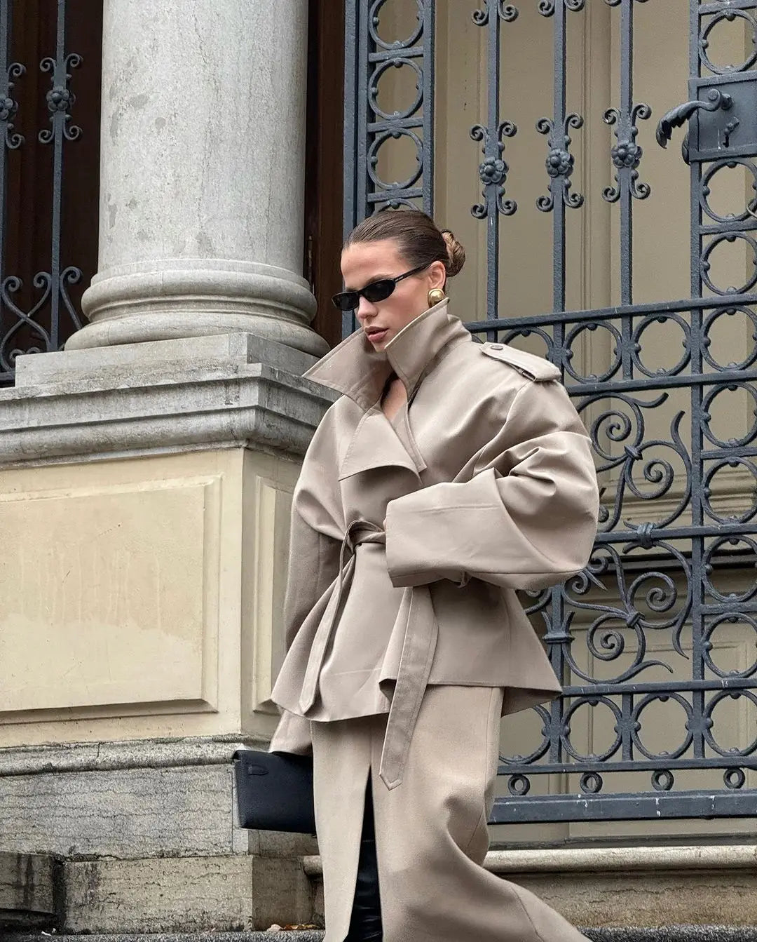 Women Green Oversized Belt Overcoat Elegant Long Sleeve Pleated Lapel Lace Up Windbreaker Autumn Lady Daily Street Outerwears