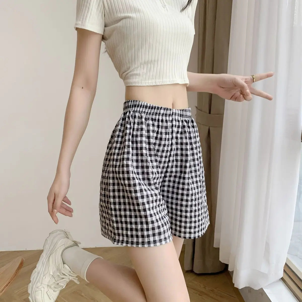 Summer Home Shorts Women's High Waisted Slimming Wide Leg Pants Sports Casual Pants Loose Plaid Pajama Pants