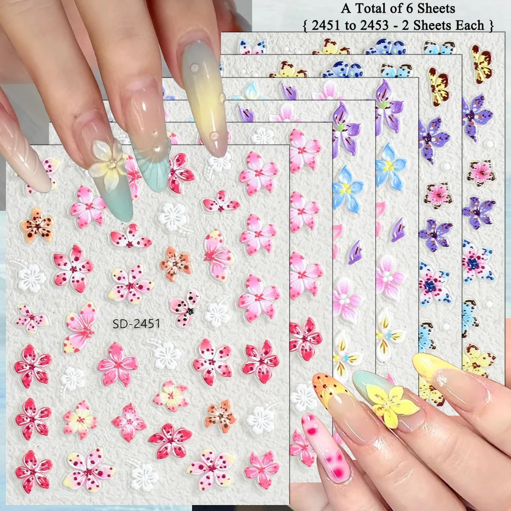 3 to 120 Sheets Tropical Flower Nail Stickers Hibiscus Butterfly Starfish Nail Decals 5D Embossed Self Adhesive Summer Nail Art