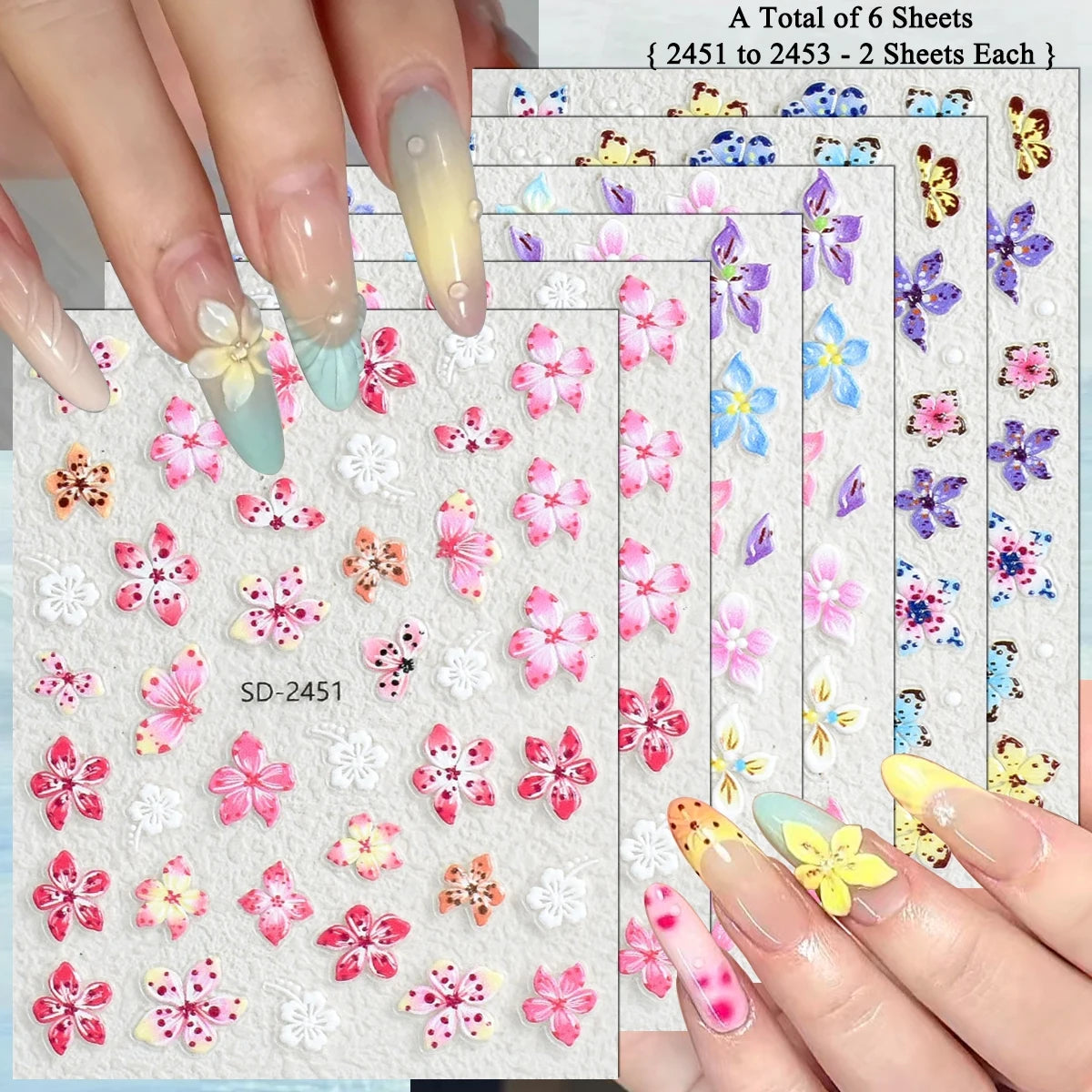 3 to 120 Sheets Tropical Flower Nail Stickers Hibiscus Butterfly Starfish Nail Decals 5D Embossed Self Adhesive Summer Nail Art
