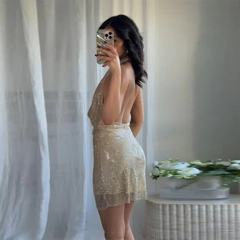Sexy Diamond Halter Dress Women Shinny Sleeveless Backless V-neck Slim A-line Dresses Female 2026 Spring Summer Party Lady Robes