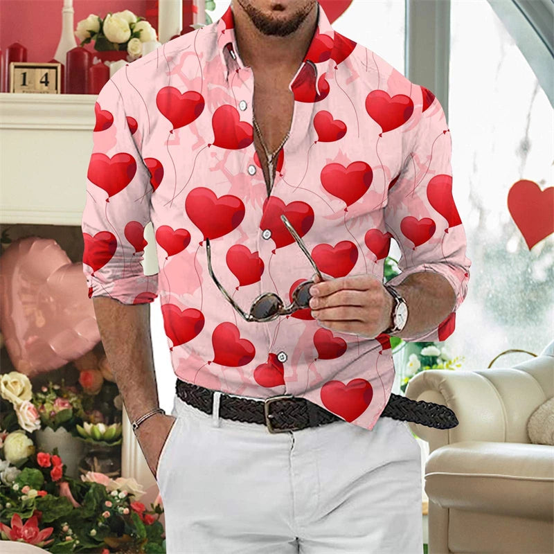 Valentine'S-Day Men Long Sleeve Shirts Couple Blouses 3D Print Love Heart Graphic Casual Lover Tops Festive Vacation Men Clothes