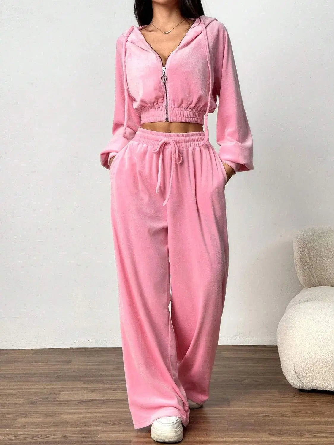 Women's Pink Velvet 2-Piece Activewear Set Zip Cropped Hoodie + Wide Leg Pants Fashionable Casual Waist Slimming Versatile Style