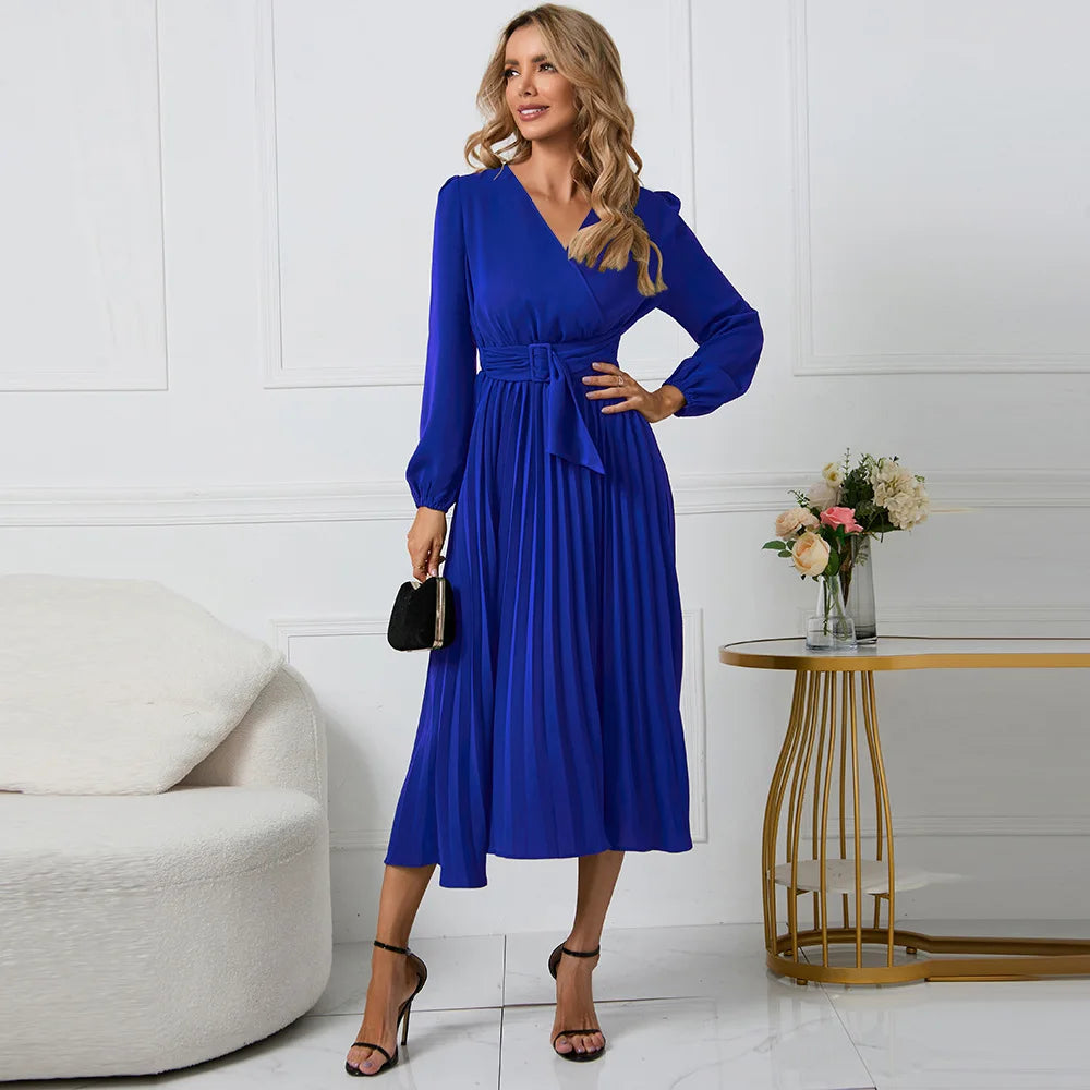Elegant Women's Green Chiffon Autumn/Winter Long Sleeve Slim Fit Pleated Dress Fashion Women's V-neck Belt Party Dresses S-2XL