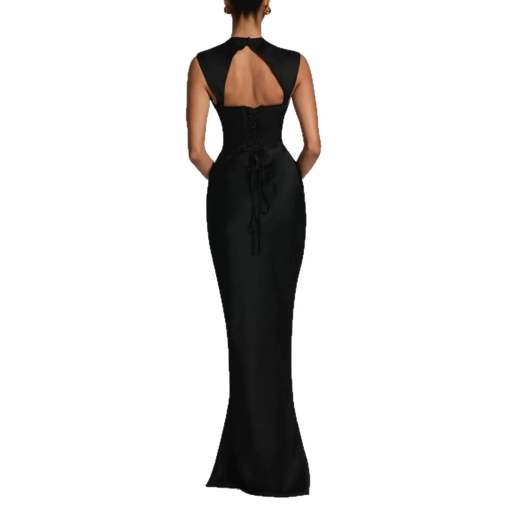 Ruched Waist Satin Long Dress Solid Bodycon Sleeveless Cowl Neck Fishtail Women Dresses 2026 Summer Lady Formal Evening Gowns