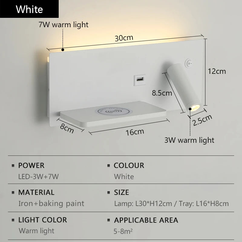 Multi functional wall lamp with switch, USB interface, LED mobile phone wireless charger, reading wall lamp, bedroom night light