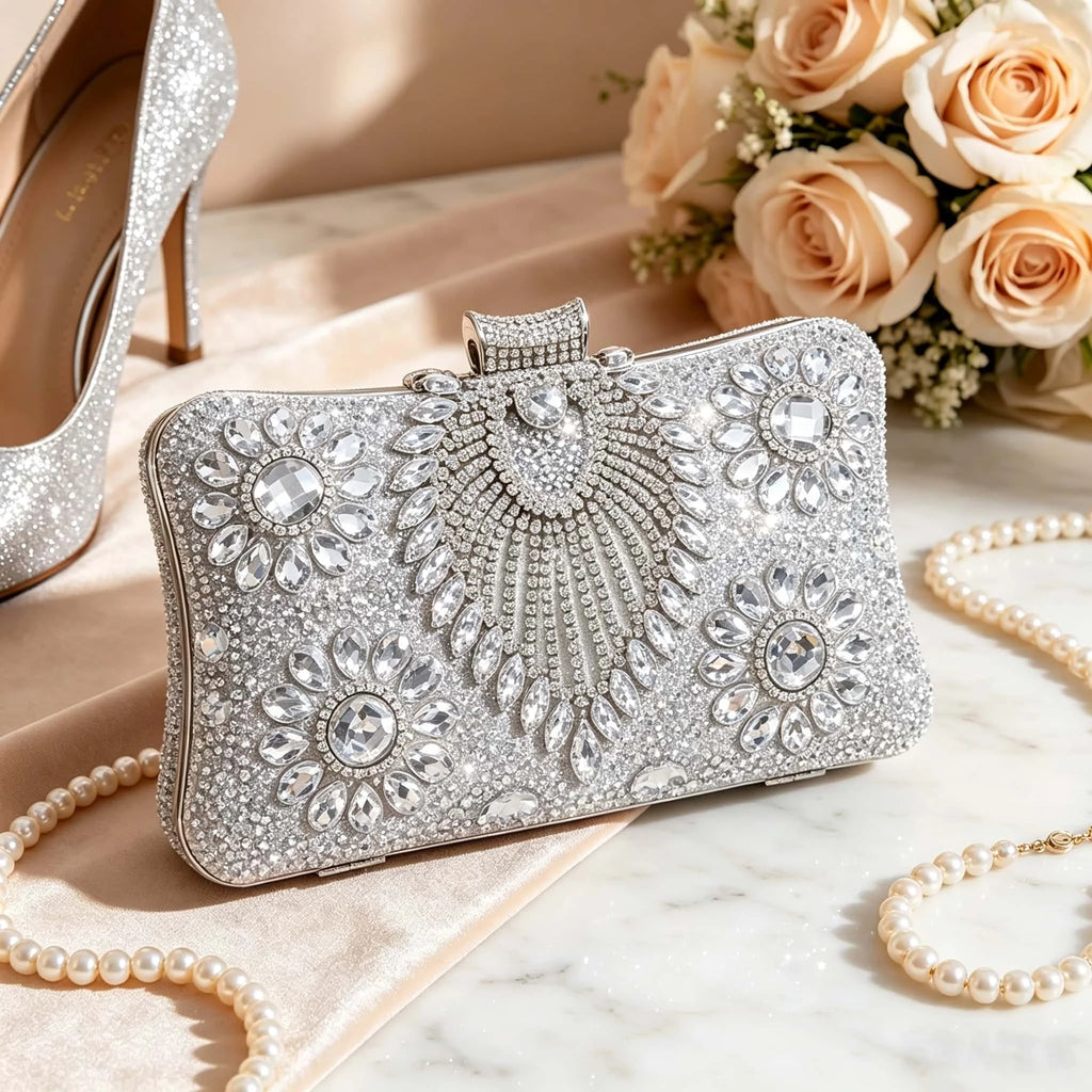 Peacock Full Diamond Silver Evening Clutch Bag with Detachable Chain, Shiny Dress Bag for Wedding Party