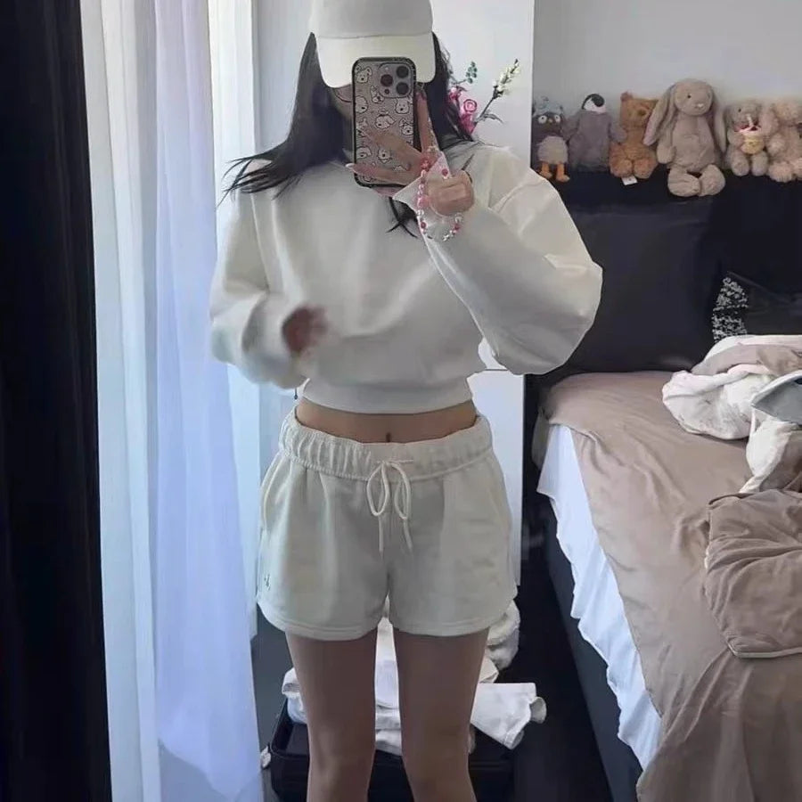 ao Women Yoga Set Cropped Sweatshirts+Shorts Crew Neck Pullover Spring 2 piece set Active Short Tracksuit Pink Jogger Sportswear